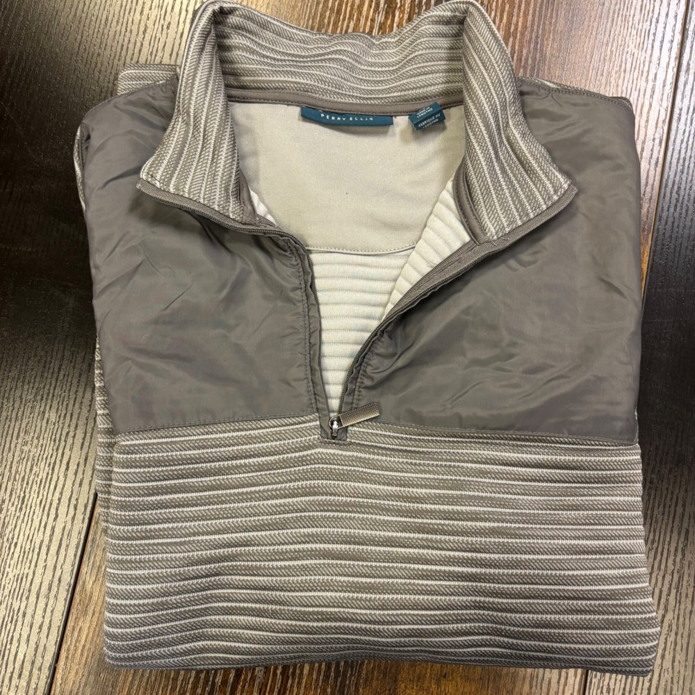 Perry Ellis Mens Grey White Striped Mixed Media Quarter Zip Pullover‎ F1168-FT L